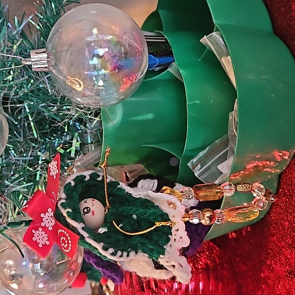 HAND CRAFTED crochet ornament holiday decor Handmade Upcycled materials green 7" - Picture 13 of 17